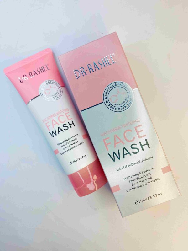 DR RASHEL Niacinamide Whitening Face Wash in a 100g tube, designed to brighten and even out skin tone.